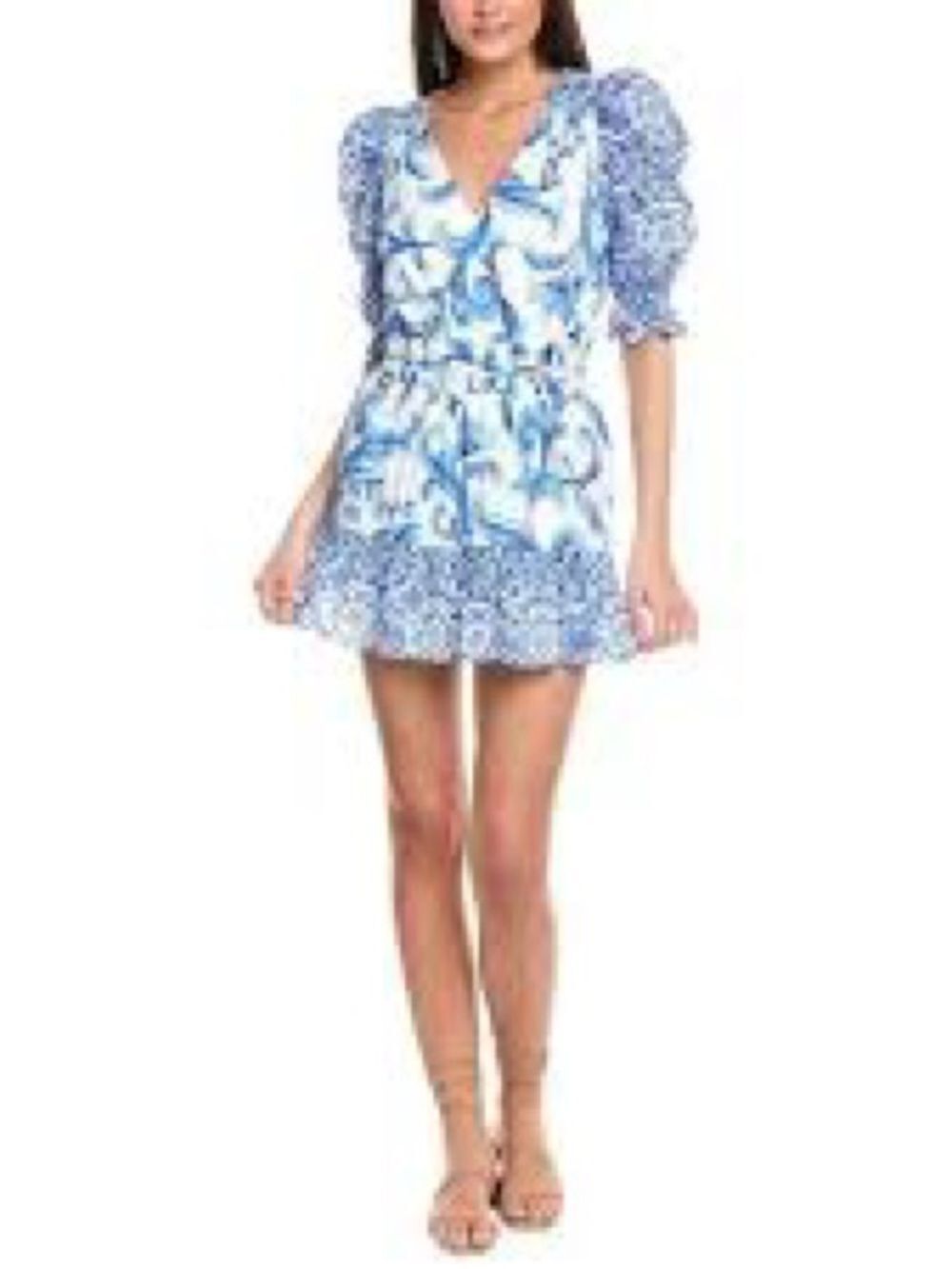 Ramy Brook Susan Blue Floral Short Sleeve V-Neck Mini Dress S